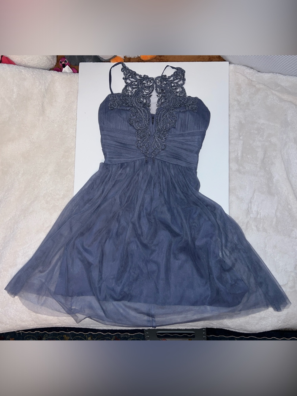 Little Mistress Blue Lace Applique Prom Dress with Beaded Accents and Tule